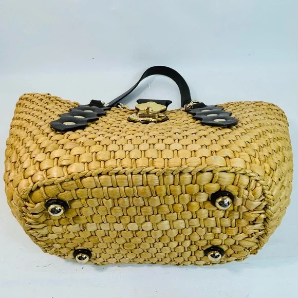 Michael Kors Santorini Raffia Woven Handbag Tote, Brown Leather/Gold Chain Strap - Picture 12 of 15
